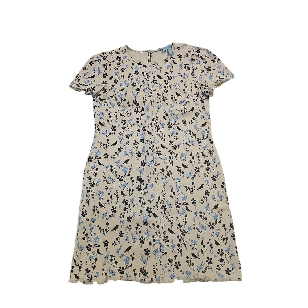 Draper James Bird‎ Floral Print Raw Hem Shift Dress Cream Blue Size 6